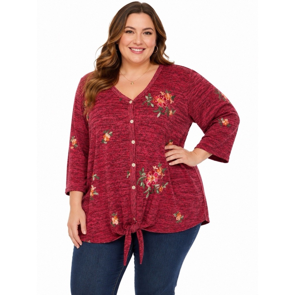 Fig And Flower Anthropologie Women Blouse 2X Red Floral‎ Embroidered V-Neck